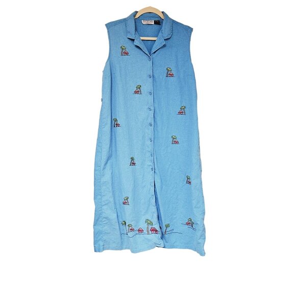 Lancaster Clothing Blue Sleeveless Embroidered Button Down Dress PXL Linen Rayon - Picture 1 of 9